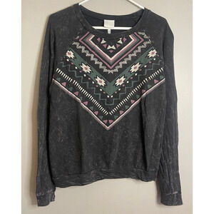 Freshwear Medium Acid Mineral Wash Long Sleeve Southwestern Aztec Gray Shirt